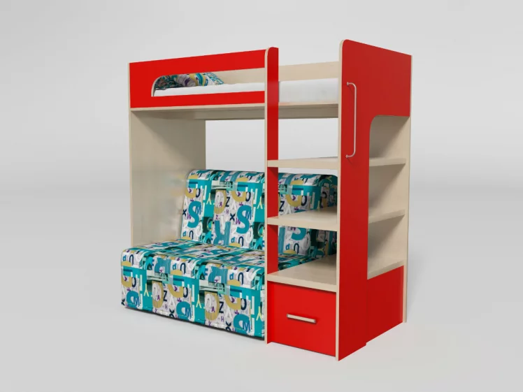 Кровать 2х ярусная №10 с диваном-Аккордеон Дуб молочный/Красный_0